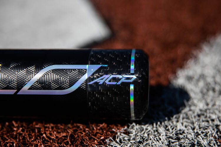 Carbon fiber end cap of a 2020 Rawlings Velo ACP baseball bat - SKU: BBZV3