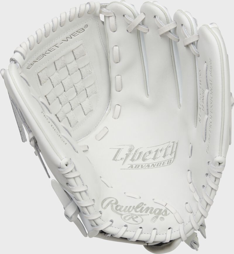 White palm of a Rawlings Liberty Advanced Color Series glove with white laces - SKU: RLA120-3WSS