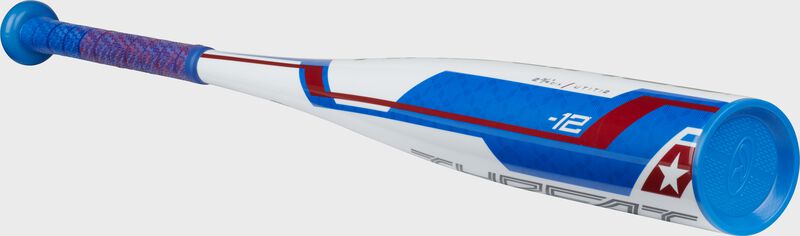 Angled view of a red/white/blue Threat -12 USSSA bat - SKU: UT1T12 loading=
