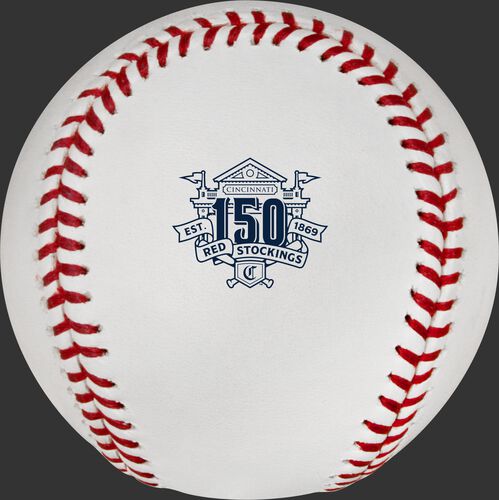 The 150th Anniversary Cincinnati Reds logo with the stadium stamped on the ROMLBCIN150 baseball