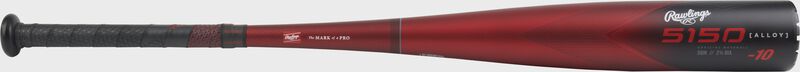 A red/black Rawlings 5150 -10 USSSA baseball bat - SKU: RUT3510