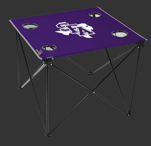 A purple NCAA Stephen F. Austin Lumberjacks deluxe tailgate table with four cup holders and team logo printed in the middle SKU #00711342111