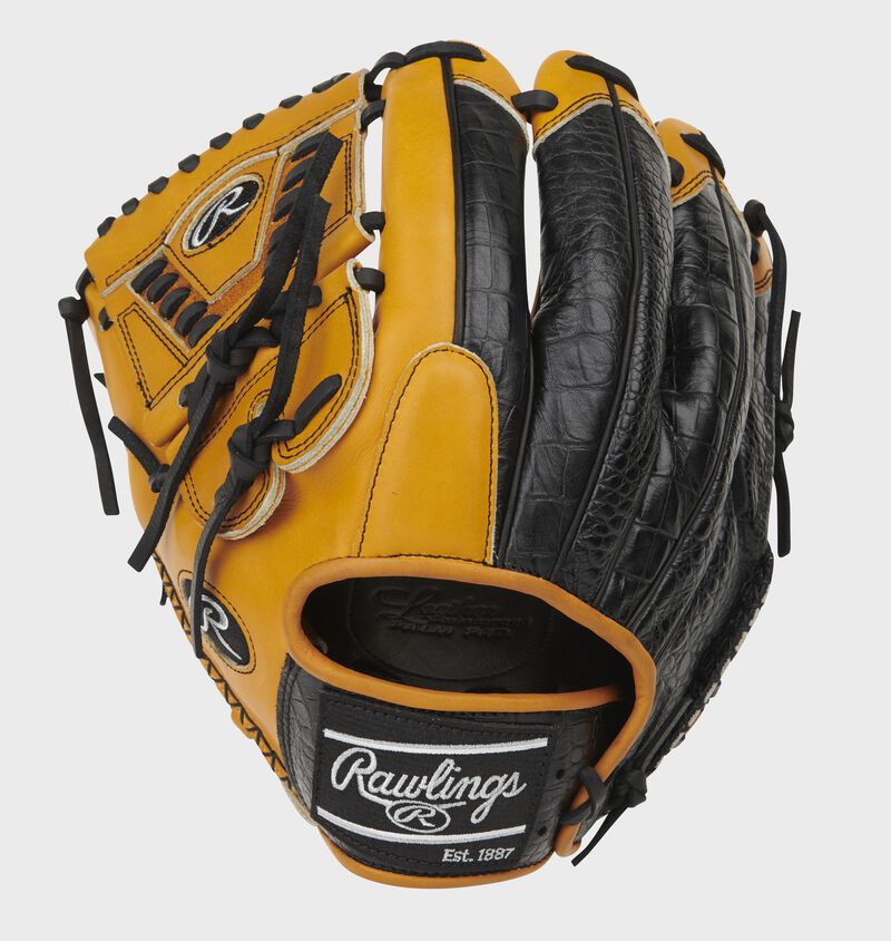 Croc embossed leather back of a Pro Preferred laced 2-piece solid web glove with a black Rawlings patch - SKU: PROS205-30TC loading=