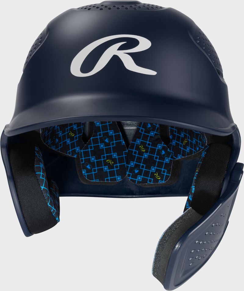 Front of a navy Rawlings RX2 Reverse batting helmet loading=
