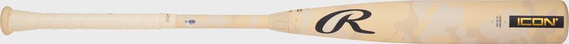 A tan Rawlings 2025 Icon BBCOR bat with a black "R" logo by the handle