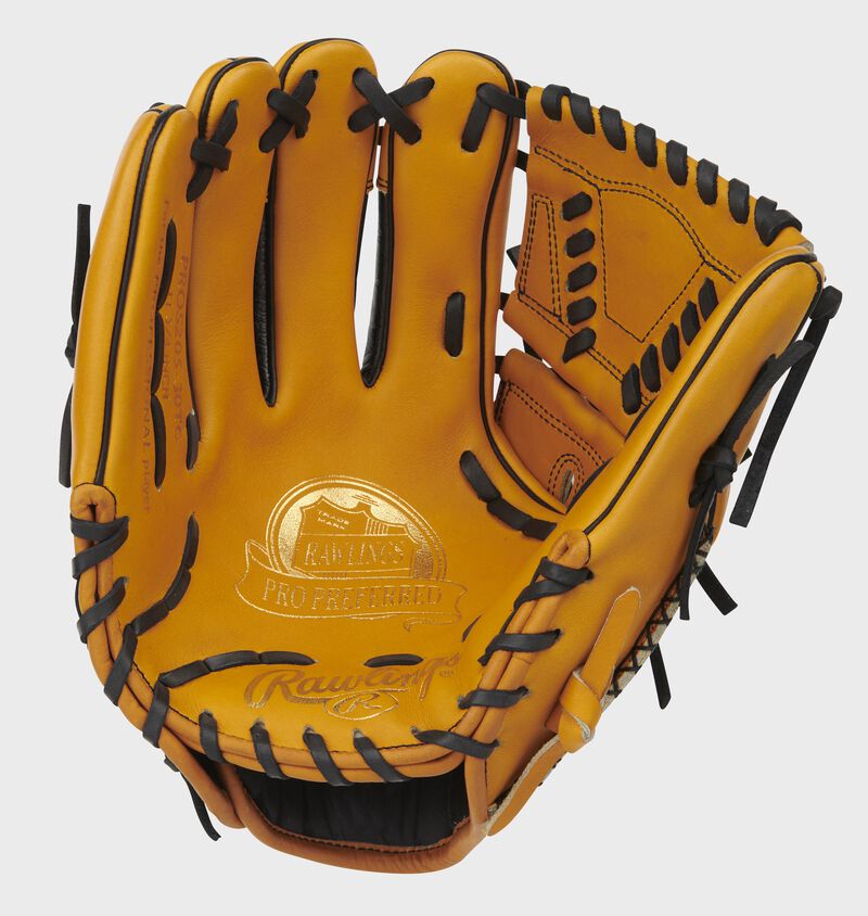 Tan palm of a Pro Preferred infield/pitcher's glove with gold stamping, tan web and black laces - SKU: PROS205-30TC loading=