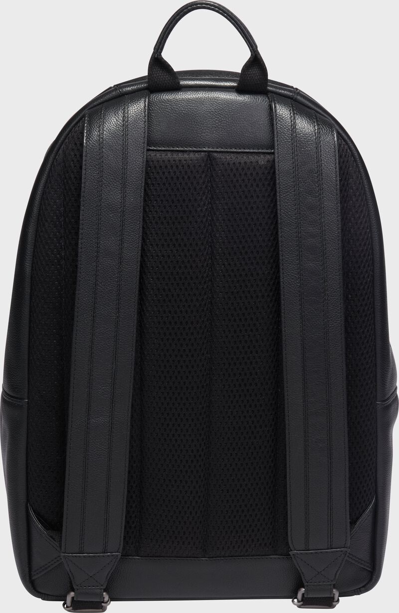 Back of a black Rawlings Strike Out backpack with black shoulder straps