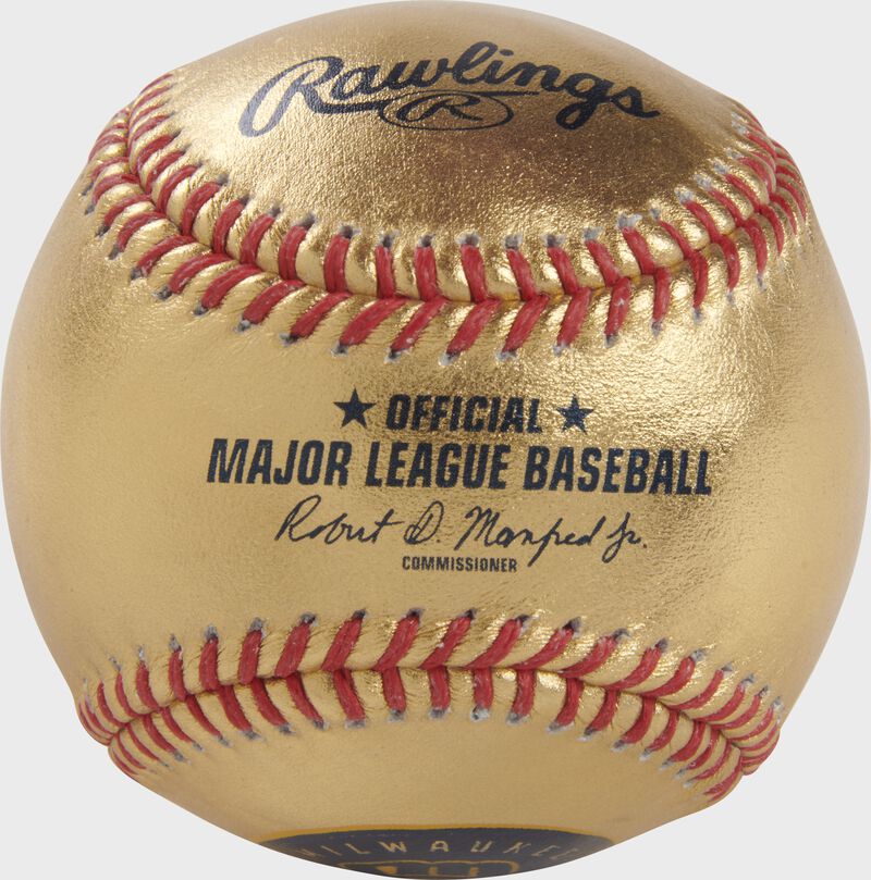 A Milwaukee Brewers Rawlings Gold MLB team baseball with the official ball MLB stamp - SKU: RSGEA-GOLDMIL-R loading=