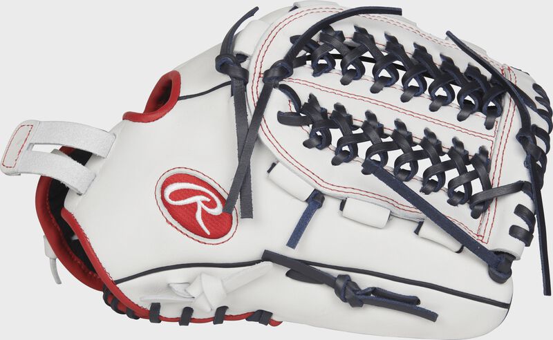 Web back view of white, navy, and scarlet Liberty Advanced 12.5-in Fastpitch Finger Shift outfield glove