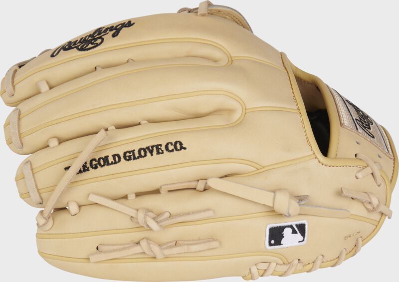 Back of a camel Heart of the Hide R2G 12.75" outfield glove with the MLB logo on the pinky - SKU: RSGPROR3319-6C