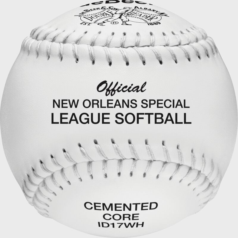 A white 17-inch New Orleans Special League softball with white stitching SKU- W10341 loading=