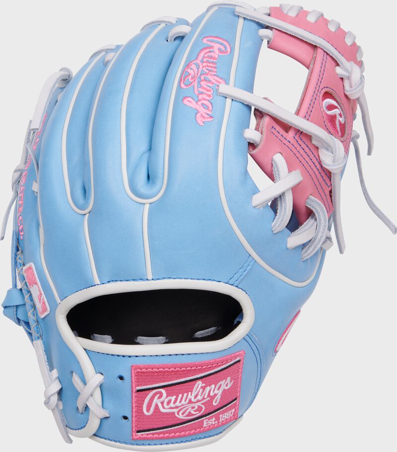 Columbia blue back of a Heart of the Hide I-web glove with a pink Rawlings patch