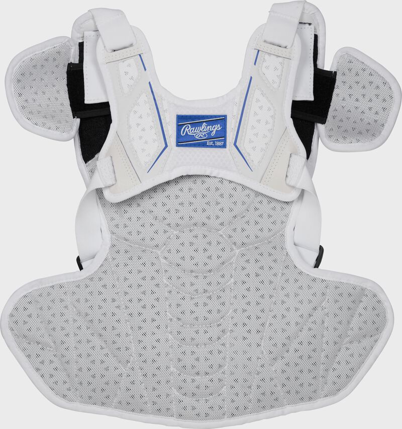 Back of a white/royal Velo softball chest protector