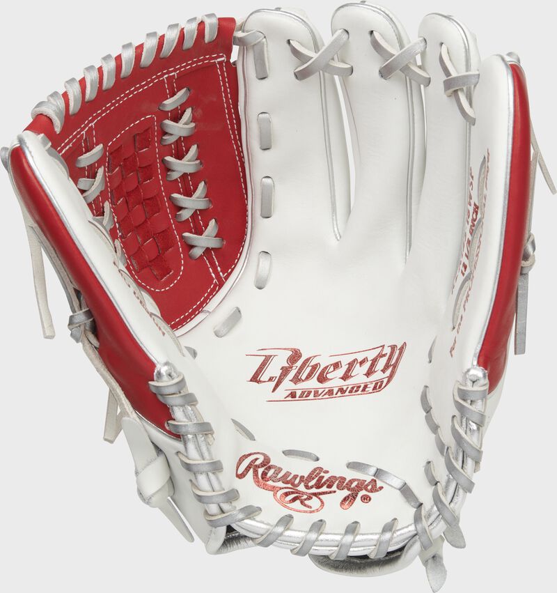 White palm of a Rawlings Liberty Advanced fastpitch glove with platinum laces and scarlet stamp - SKU: RLA125-18WSP loading=