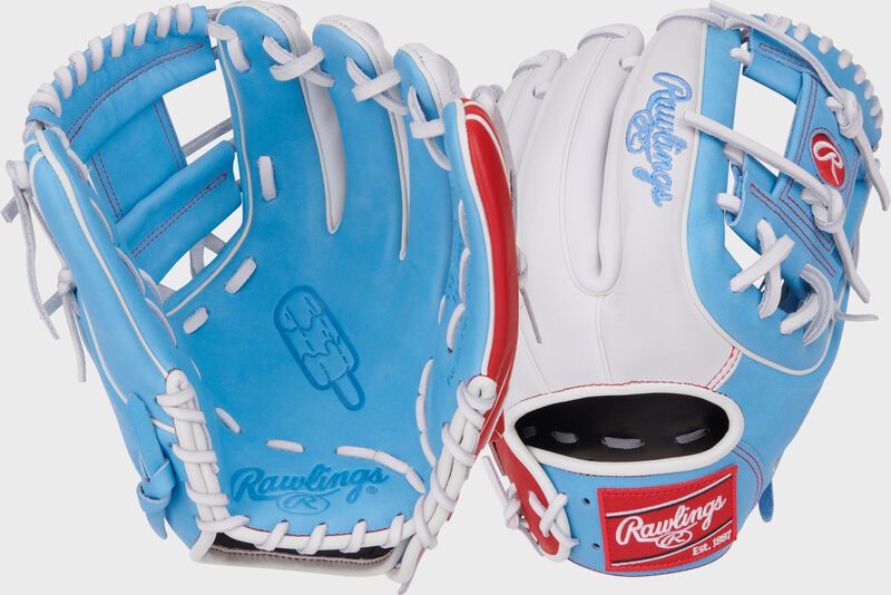 2 images showing the palm and back of a Columbia blue/white/scarlet exclusive Heart of the Hide R2G infield glove - SKU: PROR314-2CBW