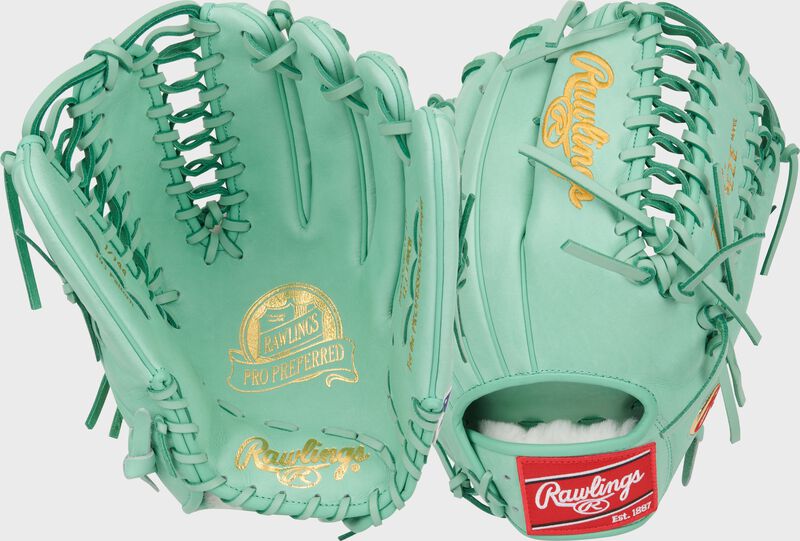 2 images showing the palm & back of an ocean mint Gameday 57 Series Harrison Bader Pro Preferred outfield glove loading=
