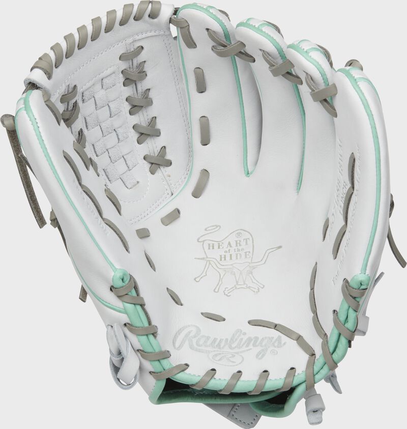 White palm of a Rawlings HOH infield/pitcher's softball glove with a white web and grey laces - SKU: PRO716SB-18WM