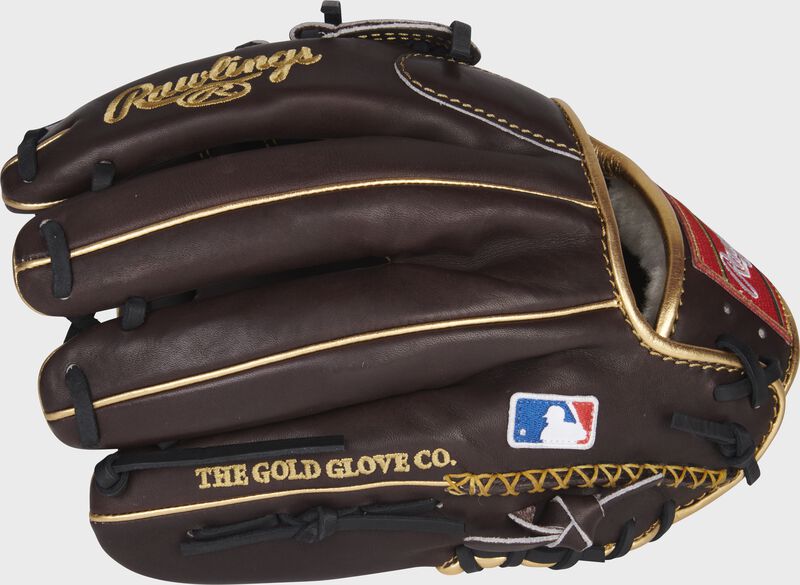 Mocha back of a Gold Glove 12-inch infield/pitcher's glove with a MLB logo and hand-sewn welting on the pinky - SKU: RGG1200KMOPRO