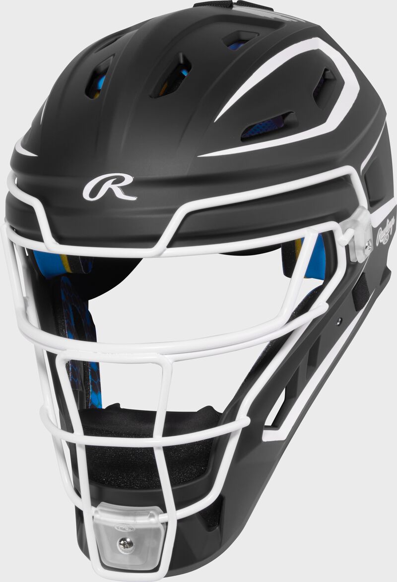Front left of a black Rawlings Mach Pro Series catcher's helmet loading=