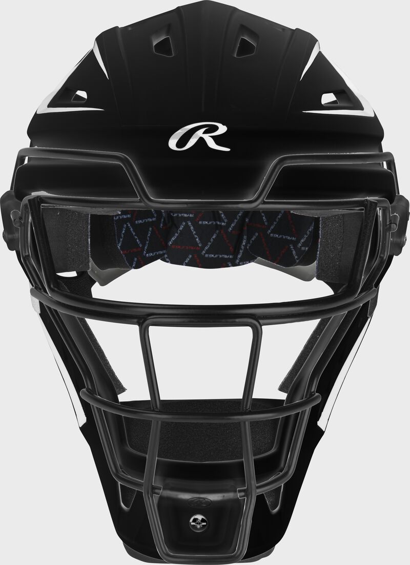A black velo softball catcher's mask