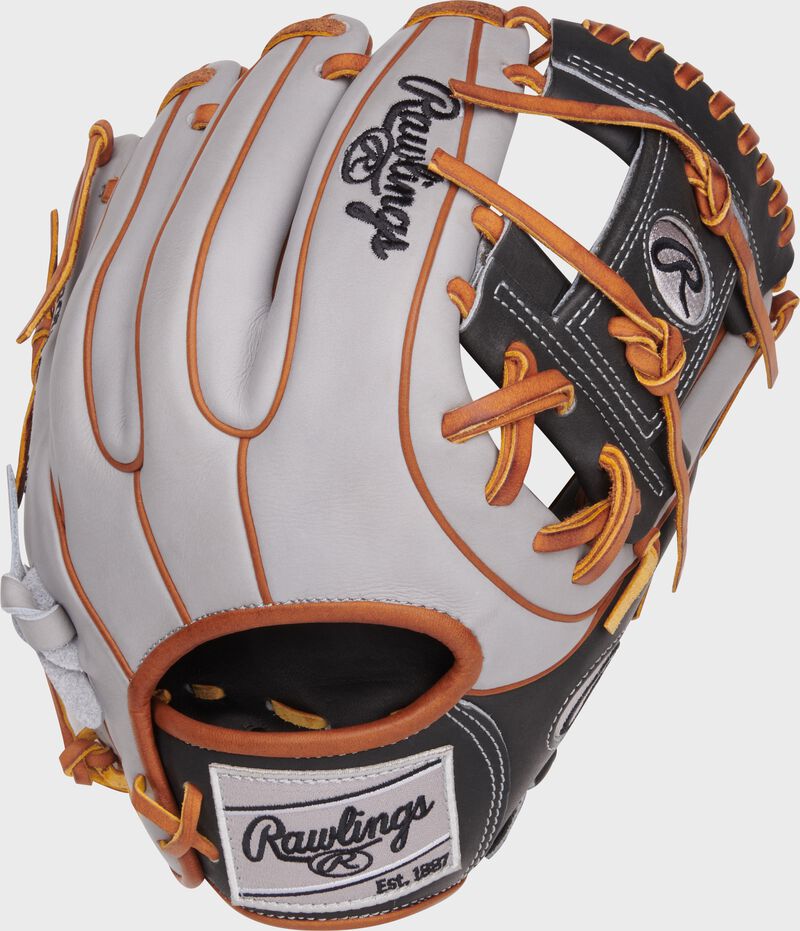 Gray back of a Heart of the Hide ContoUR Fit I-web glove with a gray Rawlings patch