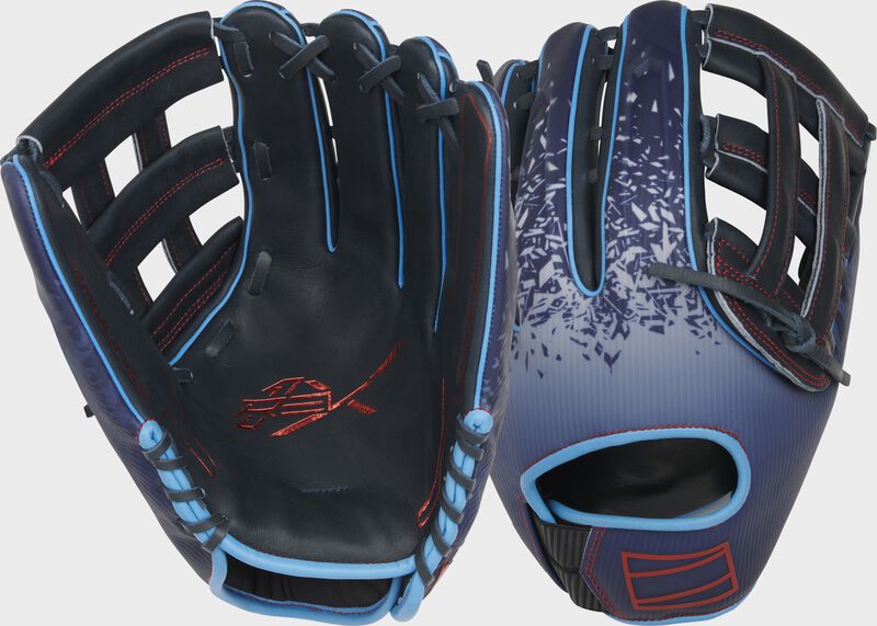 2 views showing the palm and back of a navy Rawlings REV1X 12.75" outfield glove - SKU: REV3039-6N