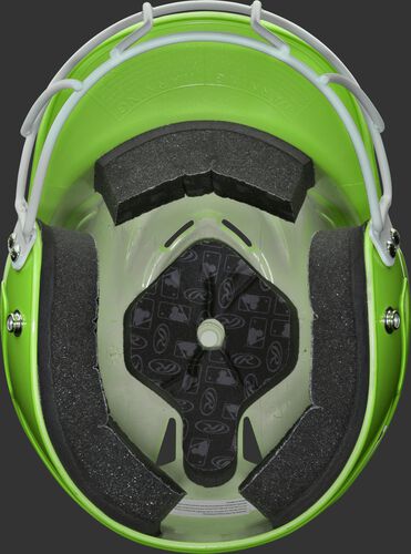 Inside of a neon green RCFHLFG Rawlings Coolflo helmet with facemask