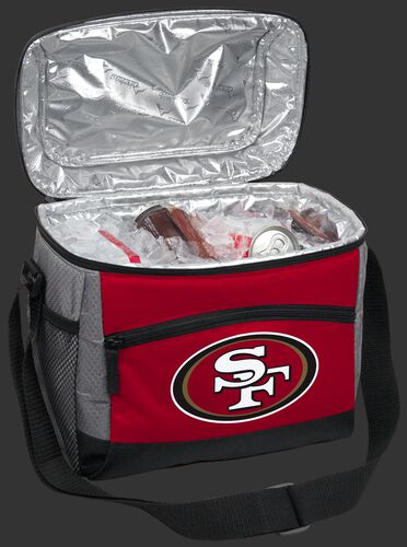 An open San Francisco 49ers 12 can cooler filled with ice and drinks - SKU: 10111084111