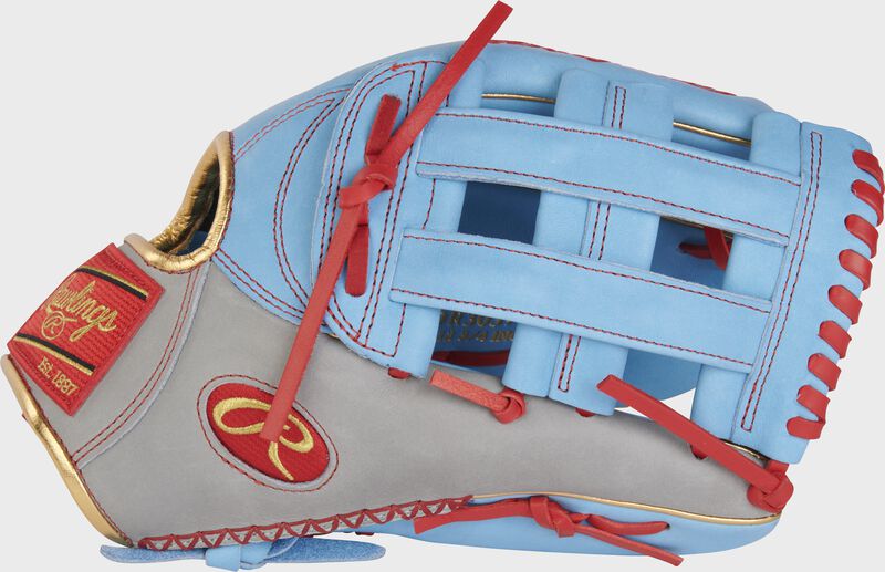 Thumb of a gray/Columbia blue exclusive Heart of the Hide R2G 12.75" outfield glove with a Columbia blue H-web - SKU: PROR3039-6CBG