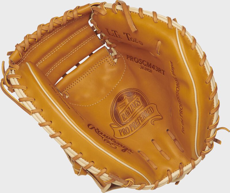 PROSCM43RT Rawlings 34-inch catcher's mitt with a rich tan palm and tan laces