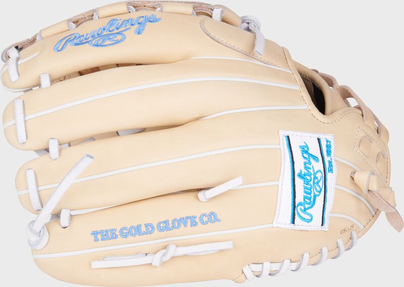 Camel back of a Heart of the Hide softball 12.25" Basket web glove with a white Rawlings patch - SKU: PRO125SB-3C