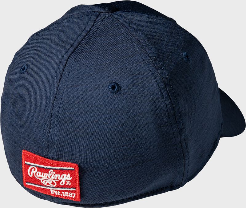 Back of a navy Black Clover bases loaded fitted hat with a red Rawlings patch on the back - SKU: BCR3BL0081