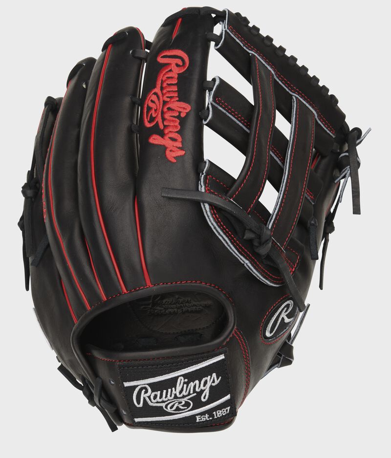 Black back of a Pro Preferred H-web outfield glove with a black Rawlings patch - SKU: PROS3029-6B