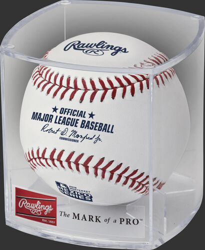 A ROMLBMS19 2019 MLB Mexico Series ball in a clear display cube