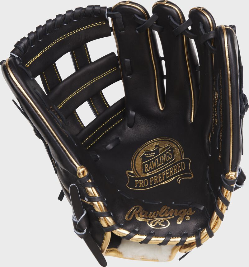 Black palm of a Rawlings Corey Dickerson Gameday 57 glove with black laces and gold stamping - SKU: RSGRPROS3039-6CD