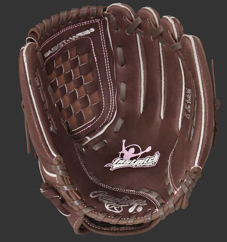 Brown palm of a Rawlings fastpitch softball glove with a brown web and brown laces - SKU: MODFP115