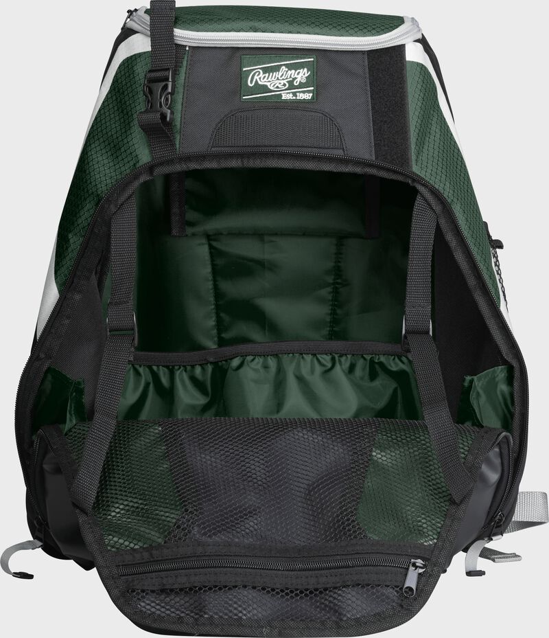 An open R500 Rawlings Players equipment backpack with dark green interior