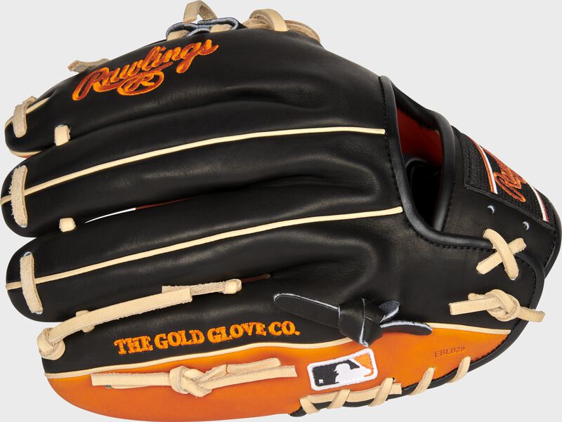 Back of a black/orange San Francisco Giants Heart of the Hide infield glove with the MLB logo on the pinky - SKU: RSGPRO204-2SFG