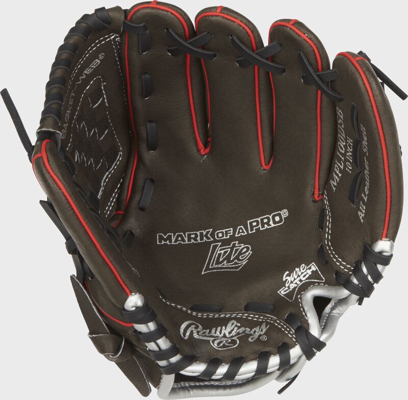 MPL100DSB Rawlings 10-inch youth baseball glove with a dark shadow palm, black laces and Sure Catch design loading=