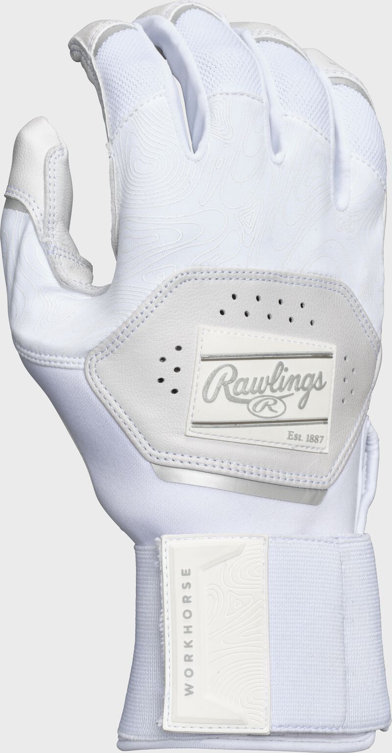Back of a white Workhorse compression strap batting glove