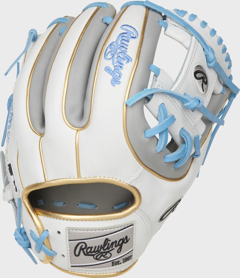 Back of a Heart of the Hide ColorSync 5.0 I-web glove with gold double welting and a gray Rawlings patch - SKU: PRO314-2GW