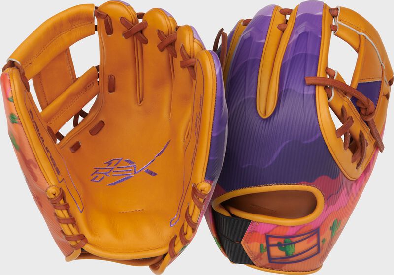 Two images showing the palm & back of a tan/purple Rawlings 11.75-Inch REV1X Arizona Spring Training Glove