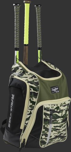 Front angle view of a Rawlings Legion bag with 3 bats in the back - SKU: LEGION-CAMO