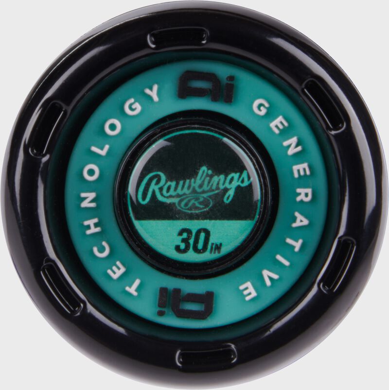Black/mint knob of a Rawlings Mach AI 30 in -8 USSSA bat