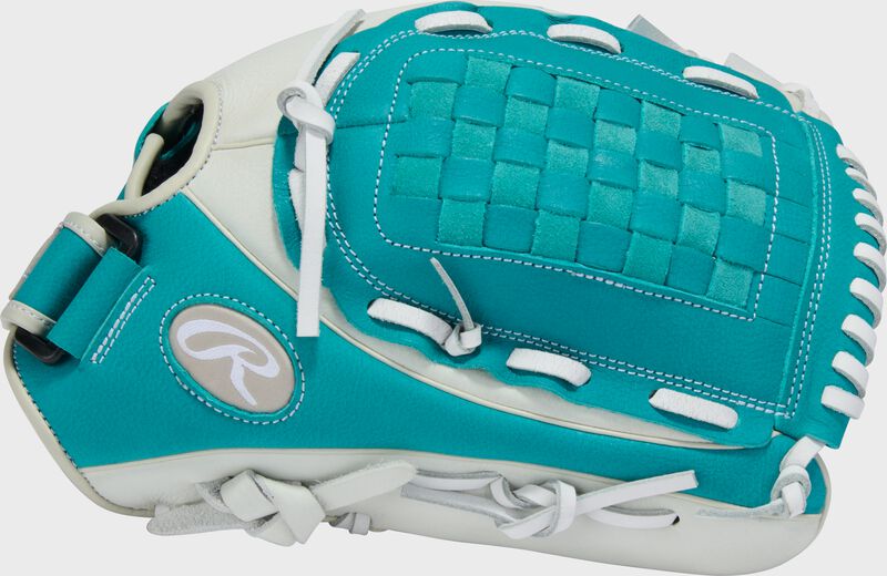 Thumb of a white/teal Shut Out 12.5-inch Fastpitch Softball Glove loading=