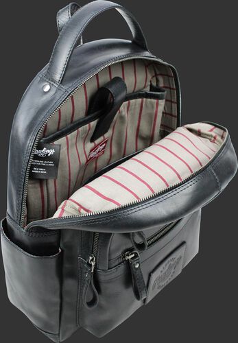 Inside of a black RS10057-BLK medium sized Rugged leather backpack with a internal laptop section and pinstripe material