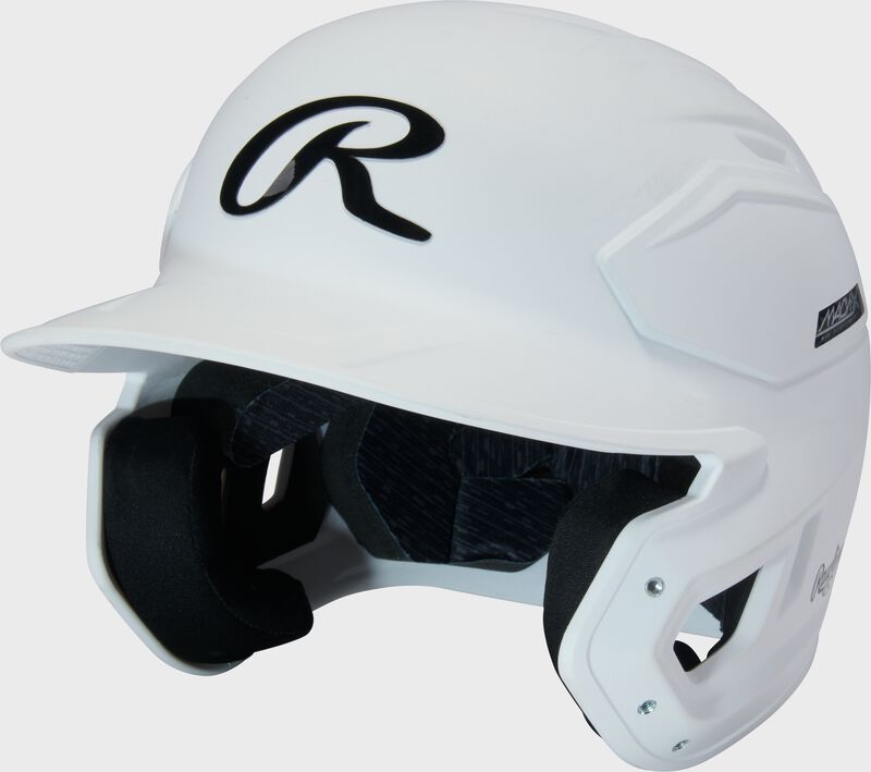 Front left of a white Rawlings Mach-X Max Performance batting helmet