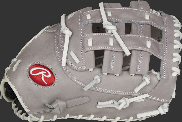 Gray thumb of a 2021 R9 Series 12.5-Inch fastpitch 1st base mitt with a gray Modified H-web - SKU: R9SBFBM-17G