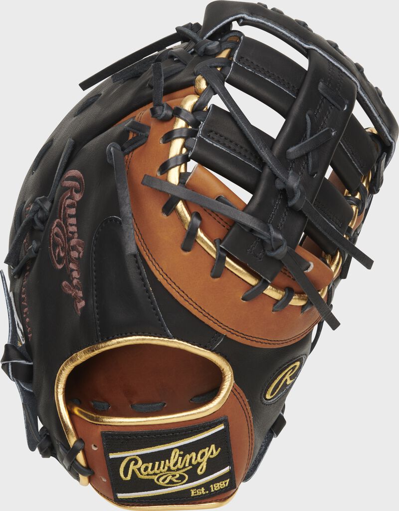 Back of a black/golden brown Heart of the Hide ColorSync 8.0 1st base mitt with a black/gold Rawlings patch - SKU: PRODCTGBB