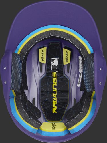 Inside of a Rawlings MACH baseball helmet with IMPAX durable foam padding